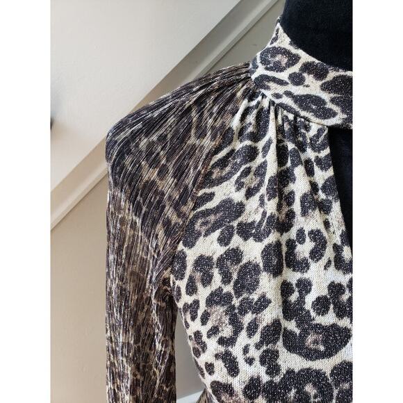 Fever Top Blouse XS Leopard Print Black & Beige Casual Mesh Sleeve Halter Neck - Picture 11 of 12
